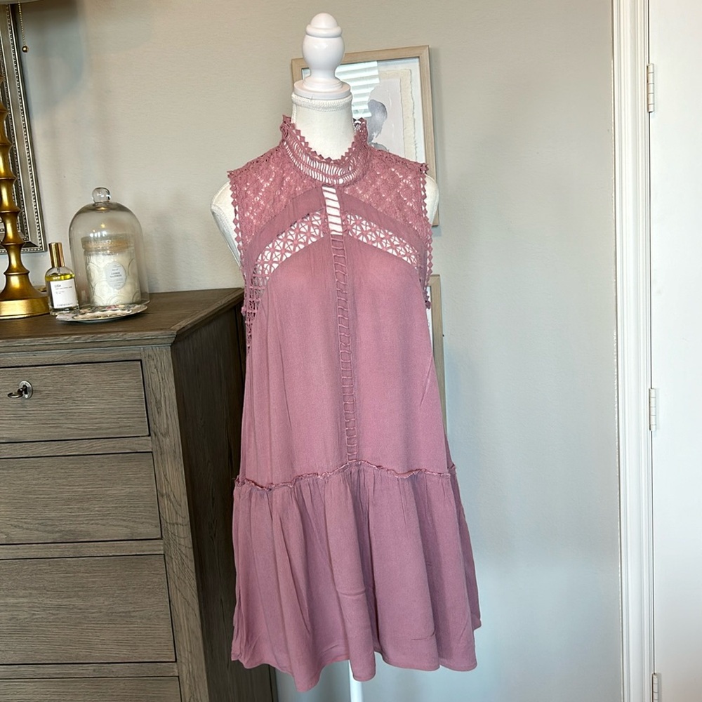 Umgee: Fit & Flare Mauve Sheer Embroidery Sleeveless Dress, Size Medium - Picture 1 of 15